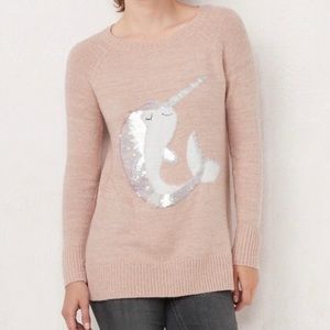 LC Lauren Conrad Pink Sequin Narwhal Crew Neck Sweater | Size M
